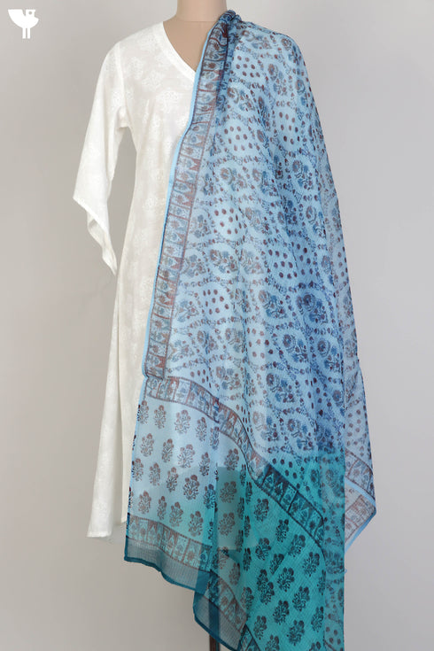 Kota Doria Dupatta In Floral Block Print